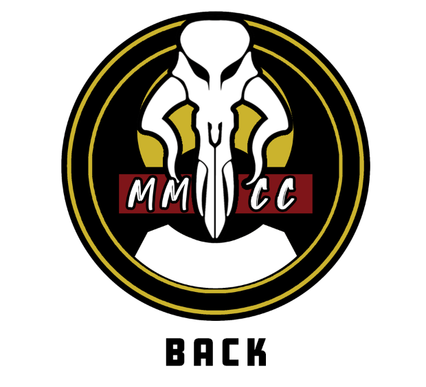 Back of challenge coin with clan Mythosaur and MMCC on the back